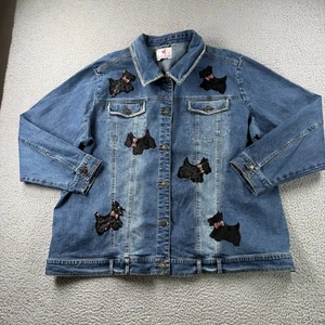Quacker Factory Jean Jacket 2X Scottie Dog Rhinestone Embellished Button Up READ - Picture 1 of 14