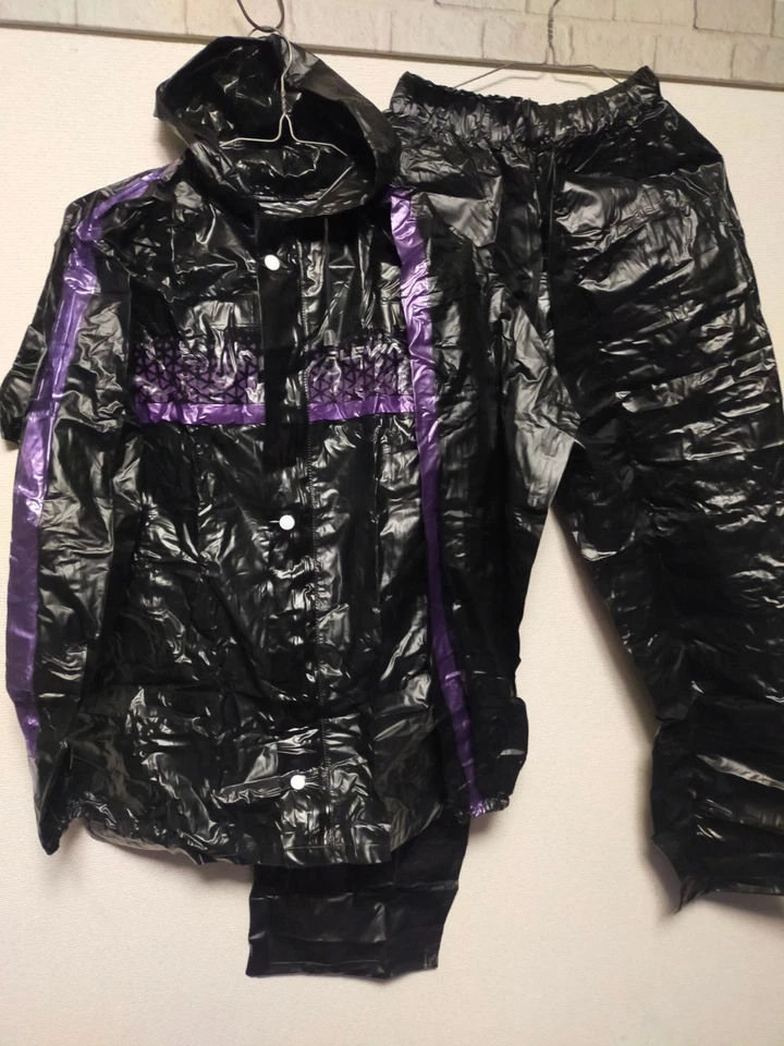 Black with purple stripe jacket and black pants PVC rainsuits hooded rainwear - Image 1 of 4