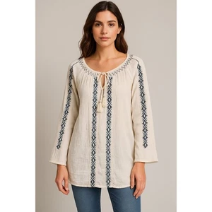 Vintage American Jeans Top Womens XL Tunic Tassel Tie Embroidered Boho Peasant - Picture 1 of 14