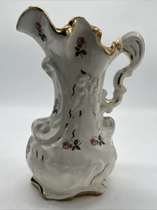 Vintage Victorian Wash Basin Floral Pitcher Ivory W Gold Rim & Roses 12” Ornate - Picture 1 of 12