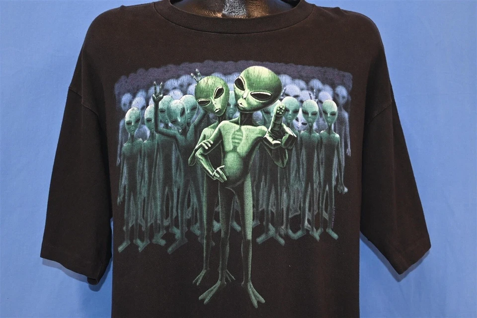 Винтажная футболка 90-х ALIENS EXTRA TERRESTRIAL LITTLE GREEN MEN WILD OATS XL - Изображение 1 из 4
