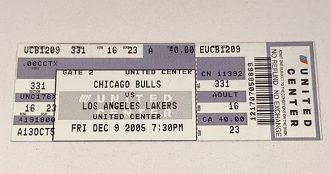 12/9/05 Lakers Chicago Bulls United Center Full Ticket Stub Kobe Bryant Away Win Cover