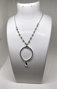 Delicate Liz Clairborne Silver tone Circle Dangle Pendant With Tiny Green Stones - Picture 1 of 5