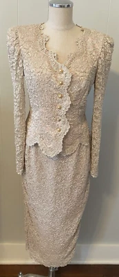 VTG Lace & Satin CACHET Mother Of The Bride Beige Dress Top & Pencil Skirt -12 P - Image 1 of 4