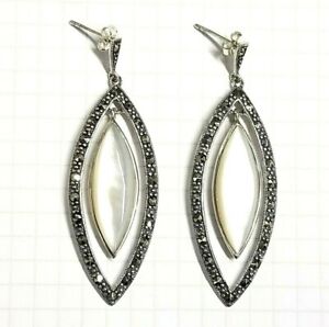 Mother Of Pearl Dangling Earrings + Free Pendant Marcasite .925 Sterling Silver