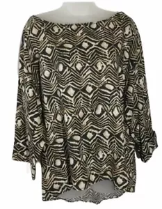 Top grande de lino Jones NY para mujer estampado tribal negro y tostado Lagenlook de gran tamaño - Imagen 1 de 8