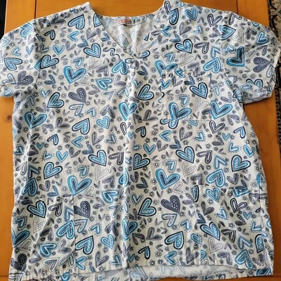 Scrub Top Shirt Womens Short Sleeve 2X Metro Scrubs Blue Hearts Flowers Cotton - Image 1 of 4