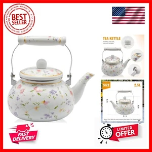 Enamel Teakettle Floral Teapot for Stovetop, 2.5L Large Green Floral Tea Kett... - Picture 1 of 8