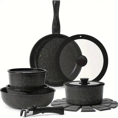 SODAY 15Pcs Pots and Pans Set Nonstick Cookware Set Detachable Handle Induction US