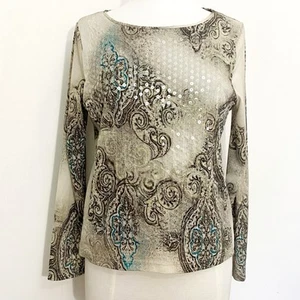 Jones New York Elegant Paisley Long Sleeve Sheer Lined Top Clear Sequin Front M - Picture 1 of 9
