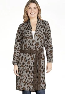 Time and Tru Strickjacke Pullover vorne offen grau langarm Leopard Gürtel - Bild 1 von 10
