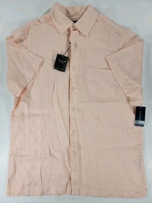 NEW CLUB ROOM Luxury 100% Linen Mens Medium Shirt Short Sleeve Peach Soft Shell - Image 1 of 4