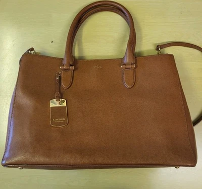 Ralph Lauren Tan Leather Newbury Double Zip Satchel Shoulder Large Handbag. USED - Image 1 of 4