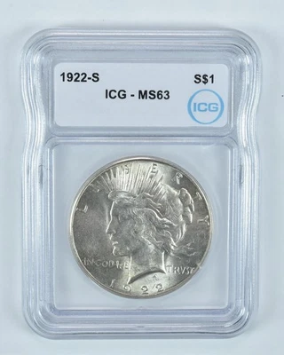 1922-S Peace Silver Dollar MS63 ICG *9593 - Image 1 of 4