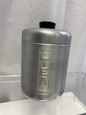 Bote de té de aluminio con tapa negra 4"W x 5-1/2"H Kromex MCM Foto 1 de 4