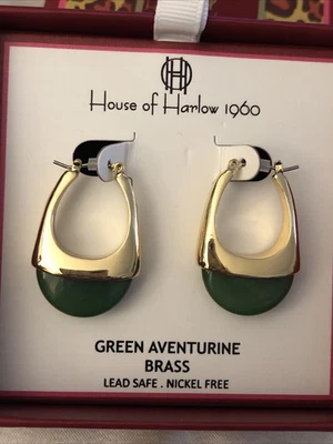 House Of Harlow Gold Tone & Abstract Oval Green Aventurine Drop Earrings NIB - Image 1 of 4