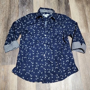 Foxcroft Women’s Small Navy Blue White Bird Easy-Care Button Down Top - Picture 1 of 9