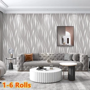 3D Embossed Wave Wallpaper Silver Grey Non-woven Living Room Wall Paper 1-8Rolls - Picture 1 of 20