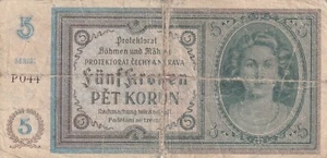 Bohemia and Moravia, 5 Kronen, 1940, FINE, p4 , Serial Number: P044 - Picture 1 of 2
