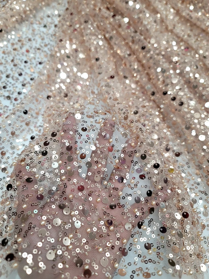 Beaded Design Rose Gold Sequin Embroidered Elegant Beads Mesh Fabric By The Yard - Image 1 of 4
