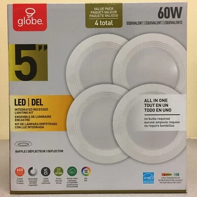 Globe Electric 91339 Value paquete de 4 blanco 5 pulgadas Luz empotrada LED de plástico W 60 W Foto 1 de 3