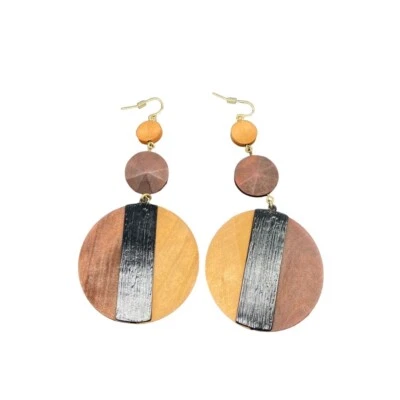 Artisan Black Wood Circle Dangle Drop Earring Hook Brown - Image 1 of 4