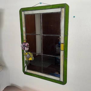 VTG Antique Tiffany Style Stained Glass Mirror 3D Flowers 16”x22” - Picture 1 of 14