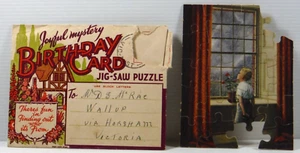 Joyful Mystery Birthday Card Jig-saw Puzzle 1930 very rare vintage item game - Foto 1 di 8