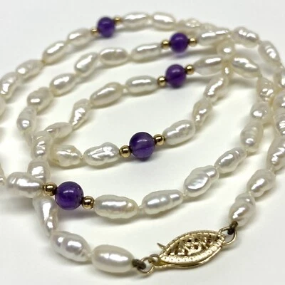 Freshwater Pearl Necklace 14K Gold Clasp Accents Amethyst Beads 20” - Image 1 of 4
