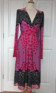 ISSA PINK RED BLACK ABSTRACT PRINT FAUX WRAP DRESS SIZE 10 EXCELLENT CONDITION - Picture 1 of 7
