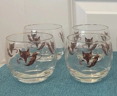 Vintage Fox & Bullwhip Glasses MCM Fox Hunting Equestrian Barware Set of 4 - Image 1 of 4