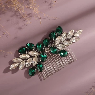 Green Rhinestone Wedding Hair Comb Bridal Crystal Hair Side Comb for Bride - Image 1 of 4
