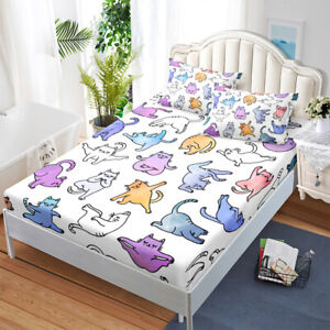 Cute Yoga Cats Paws Adult Kids Fitted Sheet Set Mattress Protector Cover Gift