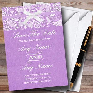 Vintage Lilac Purple Burlap & Lace Personalised Wedding Save The Date Cards - Picture 1 of 1