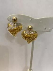 Vintage 14k Solid Gold And 24k Gold Flakes Heart Earrings - Picture 1 of 6