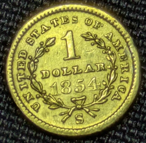 1854-S U.S. Liberty Gold Dollar 1 $ Goldrausch San Francisco LOW MINTAGE RARE COIN - Bild 1 von 5