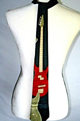 Ambassador Men's "Guitar" tie, black background w/ maroon, and olive guitars. Foto 1 de 4