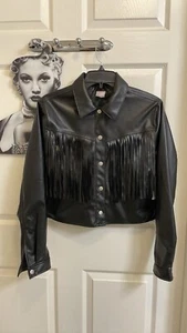 no boundaries Faux Leather Jacket Crop Black NoBo L Biker Fringe Western Coat - Picture 1 of 5