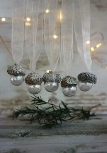 5 Tiny Elegant Acorn Cap Glass Ball Ornaments w/ a Snowflake. Organza Ribbon. - Picture 1 of 6