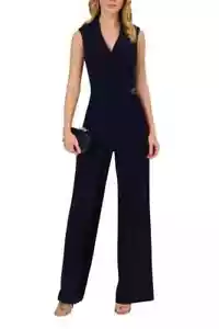 Adrianna Papell Midnight Blue Collared V-Neck Wrap Bodice Jumpsuit Size 24W $258 - Picture 1 of 3
