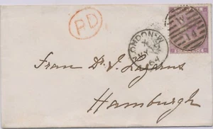 GB 1864 QV 6d deep lilac w small white corner letters (JH) VF cover to HAMBURG - Picture 1 of 3