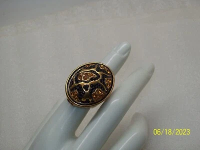 Akkad Ring Amber & Black Rhinestone Black Enamel Statement Cocktail Ring SZ 5.75 - Image 1 of 4