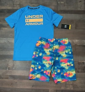 New! Boy's Under Armour Logo Rash Guard Swim Shirt and Trunks Size Large 14/16 - Picture 1 of 4
