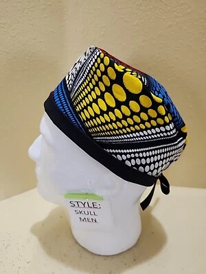 African Print Blocks (blue) Men's Skull/Chemo Surgical Scrub Hat/Cap Handmade - Image 1 of 4