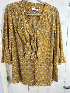 Charter Club 2X Mustard Yellow Fan Print VNeck 3/4 Sleeve Ruffled Tunic Blouse - Picture 1 of 6