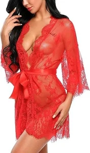 Avidlove Lace Kimono Bright Red Robe Large Babydoll Lingerie Mesh - Picture 1 of 4