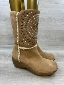 Softwalk Manistee Stud Women's 7.5 Brown Snow Leather Boot Lined Wedge Pull-On - Picture 1 of 12