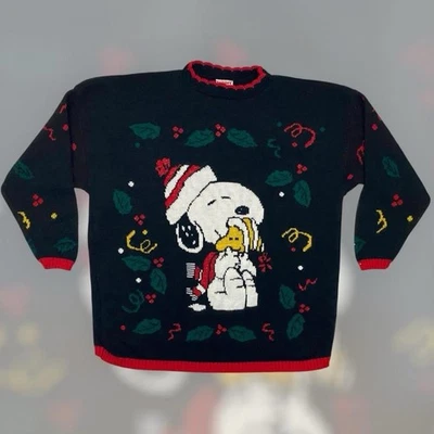 Suéter de Navidad de Colección Años 90 Snoopy & Friends Tejido Adulto L Negro Raro EE. UU. Foto 1 de 4