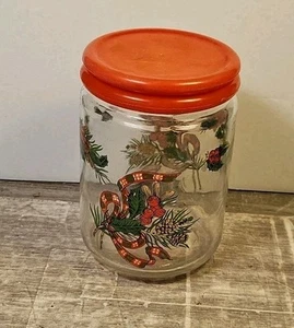 CHRISTMAS GLASS HOLLY PRINT CANDY COOKIE CANISTER JAR 4" ROUND X 5.5" HIGH - Picture 1 of 6