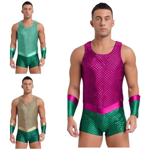 Mens Outfits Night Club Lingerie Sleeveless Bodysuit Mermaid Jumpsuit Poseidon - Picture 1 of 49